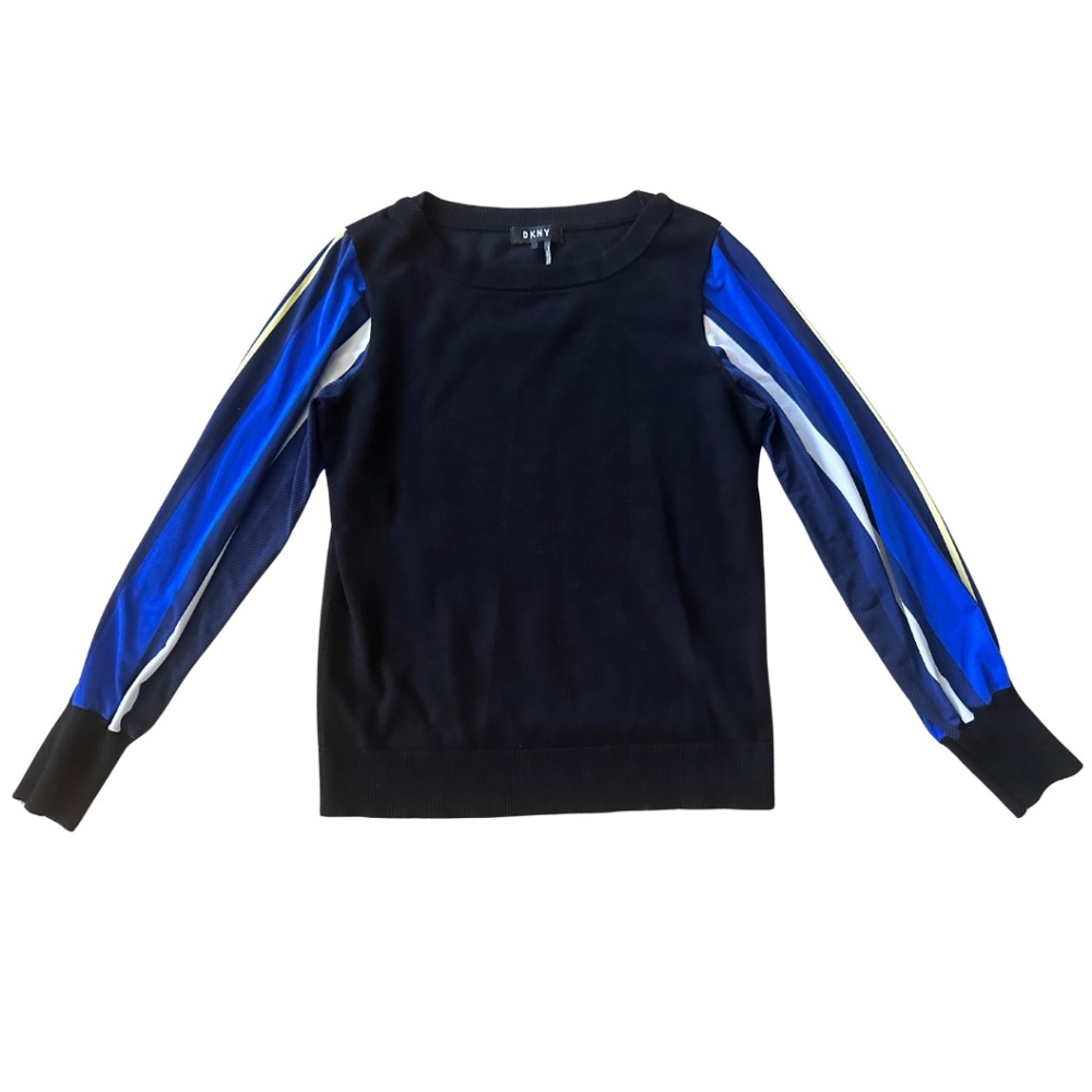 DKNY Black Knit Sweater with Blue Mesh Sleeves | Size Medium
